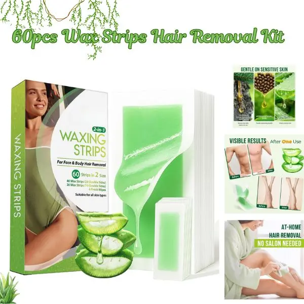 Wax Strips Hair Removal Kit 60pcs | 40 Body & 20 Facial Waxing Strips for Face, Eyebrows, Arms, Legs, Underarms & Bikini | Easy At-Home Waxing
