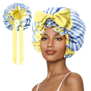 Silk Bonnet, Satin Hair Shower Cap for Sleeping Women 2025 Tie Band Adjustable Straps  Wrap for Curly Hair Blue Stripe F