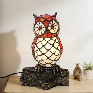 10.4" Tiffany Style Owl Table Lamp | Stained Glass Resin Base Warm Light