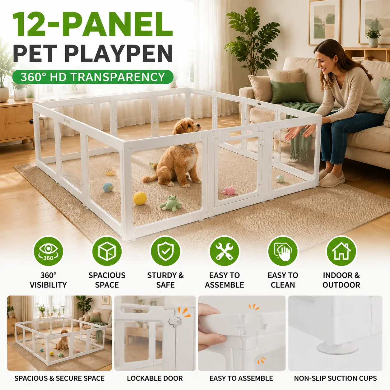 Clear Acrylic Dog Playpen, Indoor Transparent Pet Fence with 8/10/12 Panels, Expandable Puppy Pen for Dogs, Cats & Rabbits, Easy Assembly