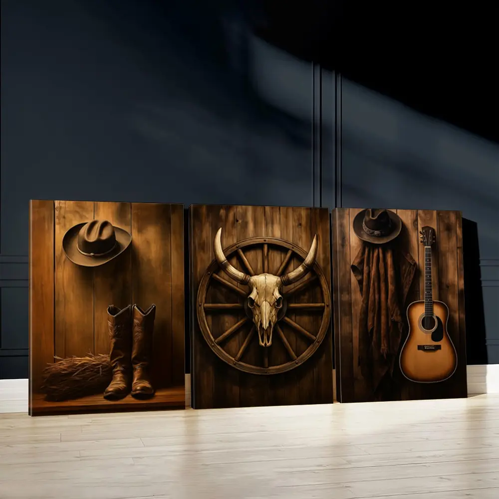 3pcs Western Style Wall Decoration Art, Rustic Charm Poster, Cowboy Culture Art Prints, Country Music Home Decor, Wooden Wall Art, Decoration Items, Decor for Living Room, Bedroom