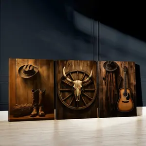 3pcs Western Style Wall Decoration Art, Rustic Charm Poster, Cowboy Culture Art Prints, Country Music Home Decor, Modern Wall Paintings, Wooden Wall Art, Cozy Canvas Posters Wall Arts, Decor for Living Room, Restaurant, Kitchen, Bedroom