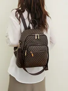 Classic Women's Shoulder Bag, Geometric Pattern Backpack, Stylish Daypack, Multi-Layer Pocket Design, Lightweight & Practical, Fashionable Casual Daily Use