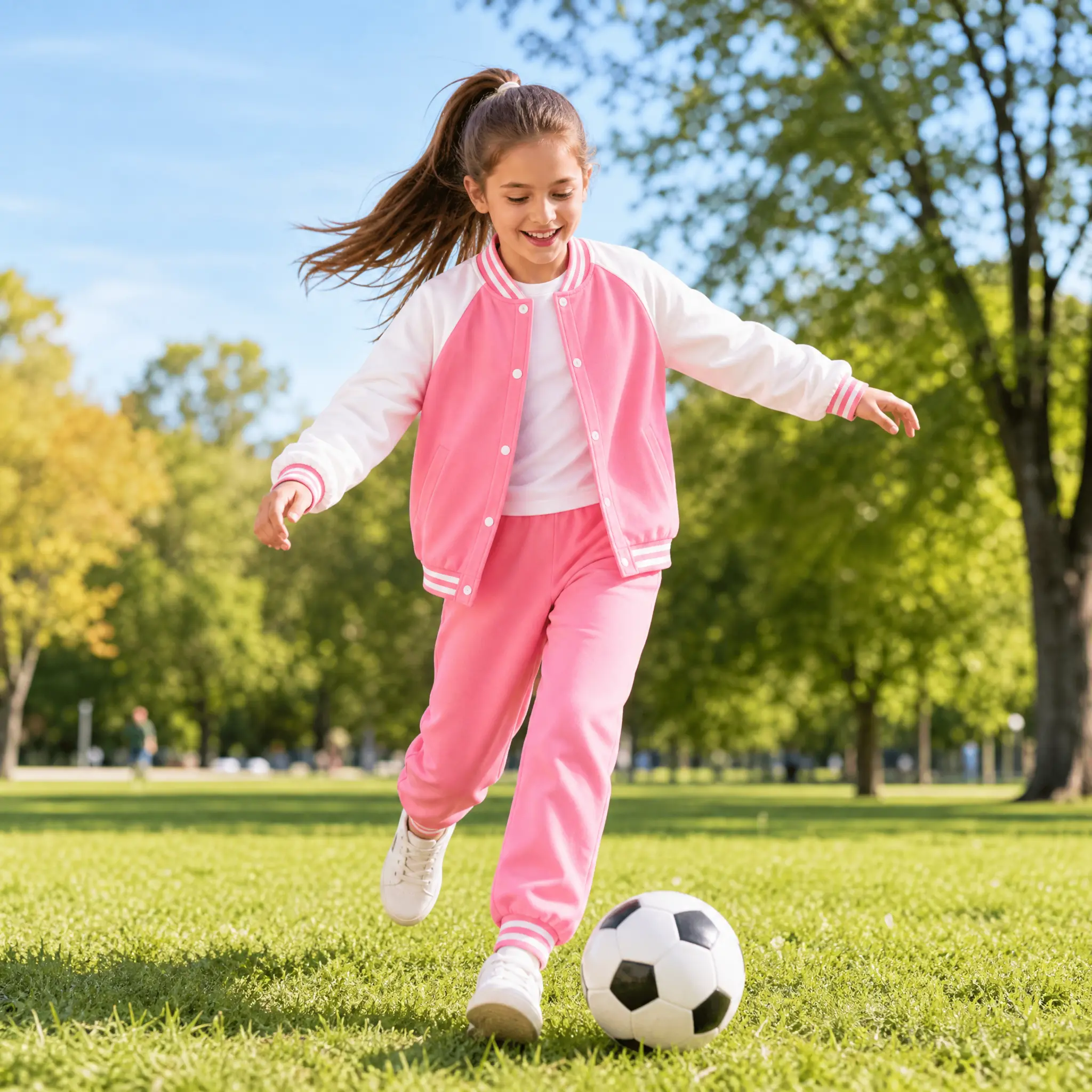 Girls' 2-Piece Varsity Baseball Letterman Bomber Jacket Windbreaker Set, Lightweight Casual Trousers Included