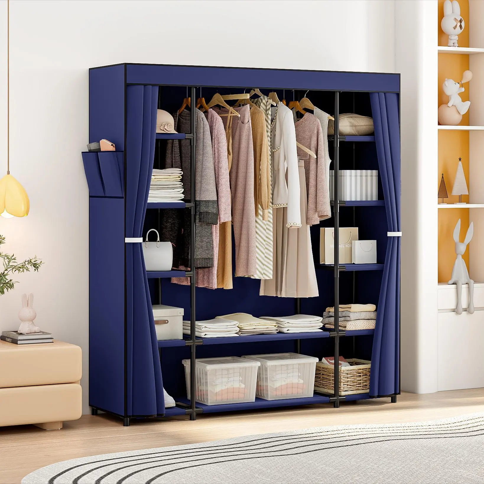 Portable Closet Wardrobe Clothes Rack 59 Inch Freestanding Organizer Storage with 12 Shelves for Cloakroom Bedroom High-Quality Materials Sturdy Design Easy Installation Organization Furniture Cupboard - Organizing