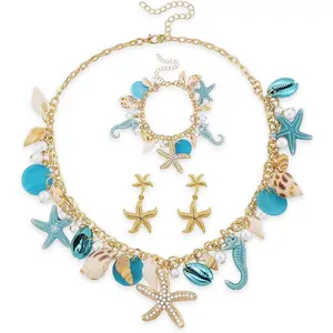 Bohemian Mermaids Starfish Jewelry Set for Women Starfish Necklace Bracelet Earrings Mermaids Starfish Conch Necklace Summer Ocean Beach Jewelry Set Halloween Prom Jewelry Mermaids Accessories