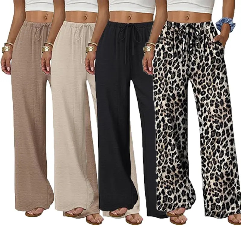 Women Drawstring High Waist Wide Leg Pants Casual Loose Textured Palazzo Pants  Side  Soft Comfy Women's Gym Wear Breathable Movement Womenswear with Pockets