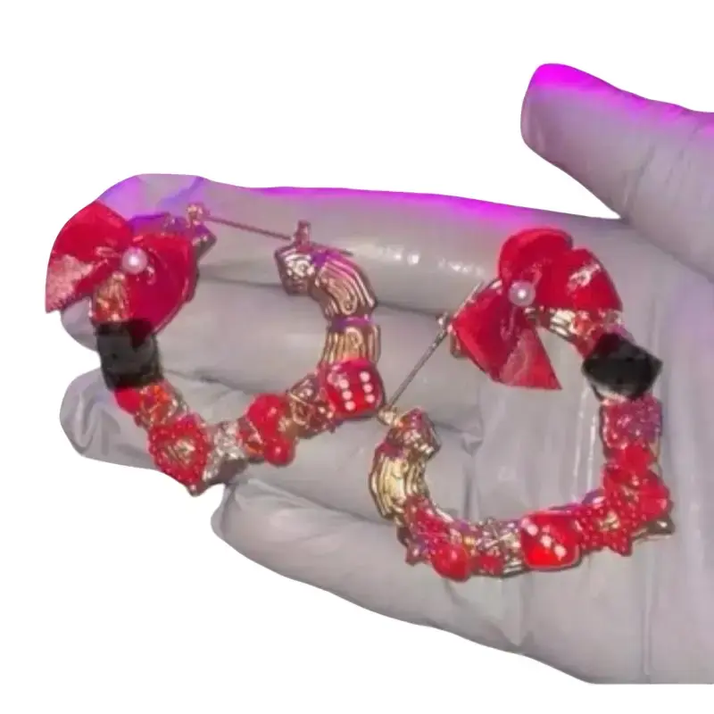 Custom Bamboo Junk Charms Earrings with Red Bow and Sparkling Details Unique Design Jewelry