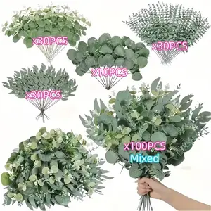 100pcs Wedding Season Exclusive Nordic Style Artificial Flowers, Artificial Plant Decor, 4 Mixed Eucalyptus Leaves Stems Set, DIY Floral Arrangement Materials
