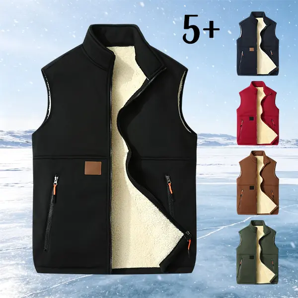 Men’s winter fleece-lined warm vest, sleeveless with full zipper closure and zippered pockets, available in multiple colors.