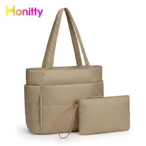 Puffer Tote Bag for Women with Makeup Bag, Large Work Tote Laptop Bag, Lightweight Travel Tote Bag with Zipper Gifts for Women Teacher Nurse Quilted Shoulder Organiser for School Gym Handheld Bag Fashionable Bags Daily Commuting Purse