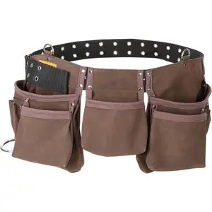 VEVOR 13 Pockets Tool Belt, Adjusts from 29 Inches to 54 Inches, Leather Heavy Duty Tool Pouch Bag with Dual Hammer Loops, Tool Bag for Electrician, Carpenter, Handyman, Construction, Framer, Brown