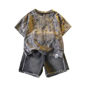 Boys' Two-Piece Summer Outfit New Distressed Ripped Short-Sleeved + Black And Gray Washed Faux Denim Shorts Boys' Trendy Cool Retro Street Style Outfit Set, for Outdoor