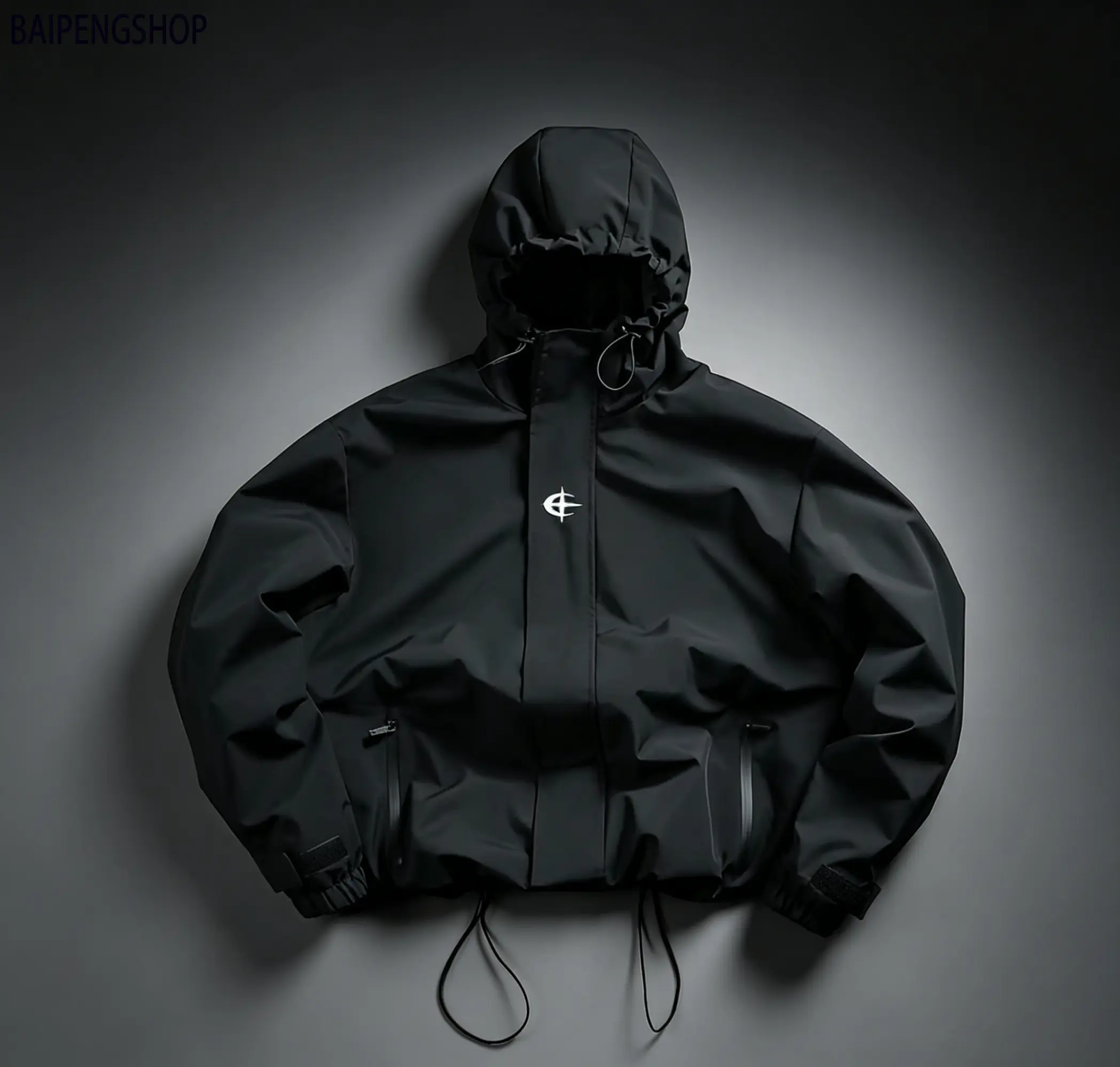 Men's Stylish Black Lightweight Windproof Hooded Rain Jacket - Polyester Menswear, Water-Resistant Zip-Front, Adjustable Hood, Breathable Bomber Track Coat, Casual Durable Outdoor Athletic Outerwear, Ideal for Running, Hiking