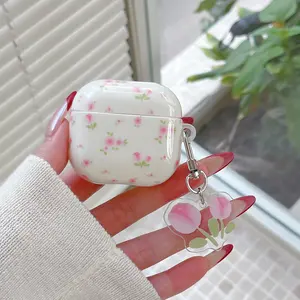 Fashion Fresh Bright Tulip Flower Cream Texture Full Cover Earphone Box + Flower Hanging Strap, Headphone Accessories, Fits AirPods 4th Gen/3rd Gen/pro