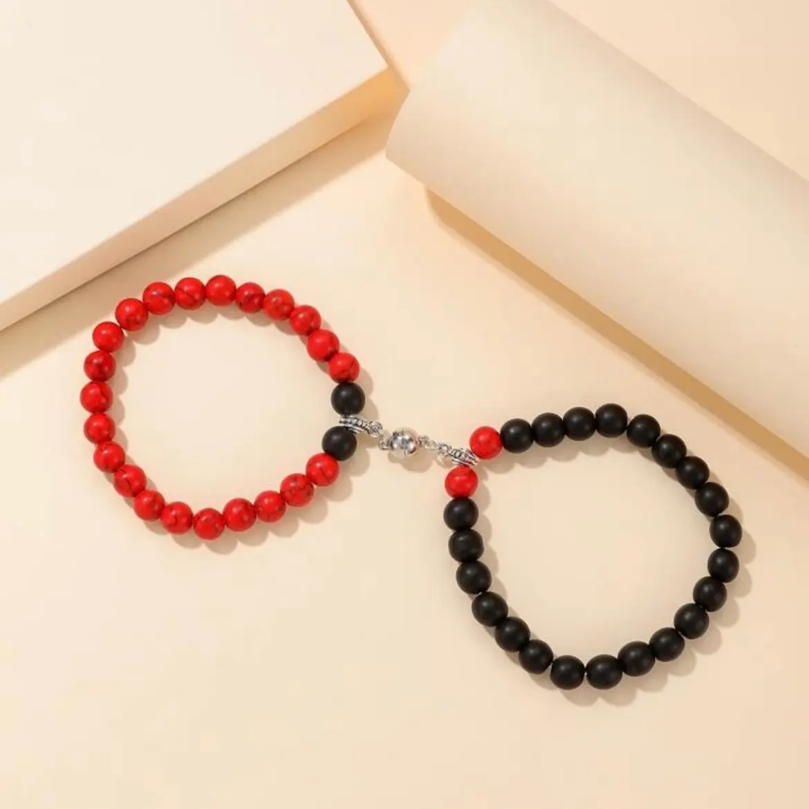 2pcs. Red and Black Friendship or Couple Beaded Bracelet Set