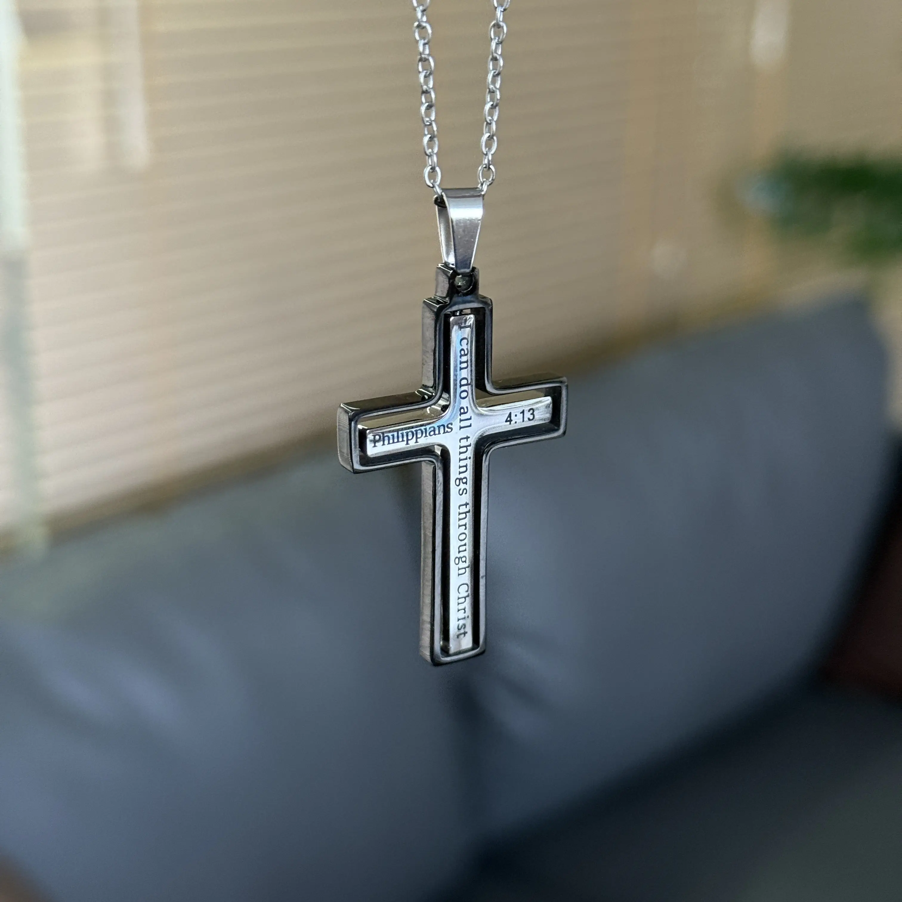 Rotating Cross Necklace Philippians 4:13 - I can do all things through Christ who strengthens me