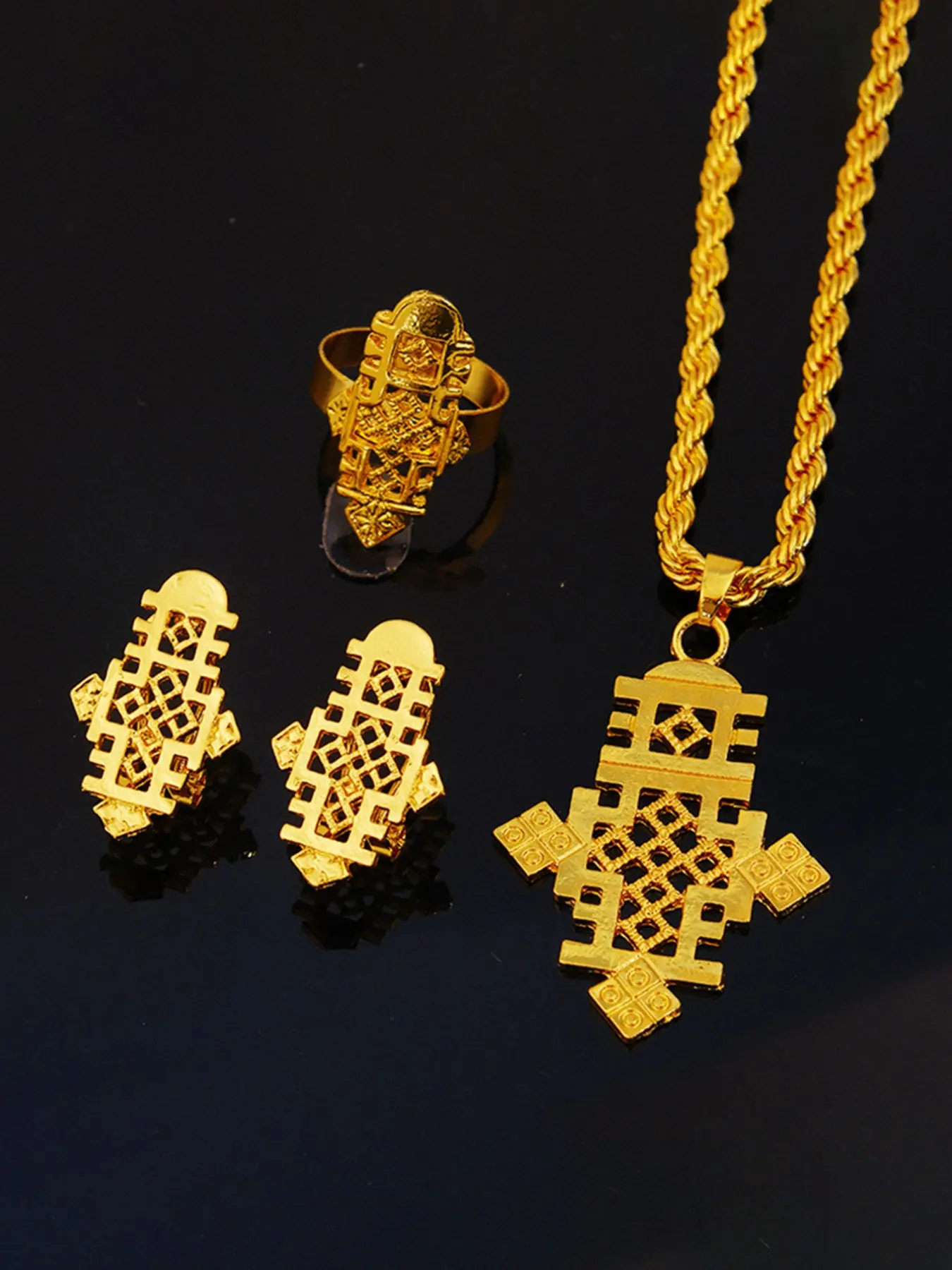 Three-Piece Jewelry Set, Necklace, Earrings, Ring, Cross Pendant, Luxurious Middle Eastern Design, Elegant Bride Gift, Bridal Wedding Jewelry, Wedding Jewelry Sets For Brides, All Seasons, Statement Ring Set