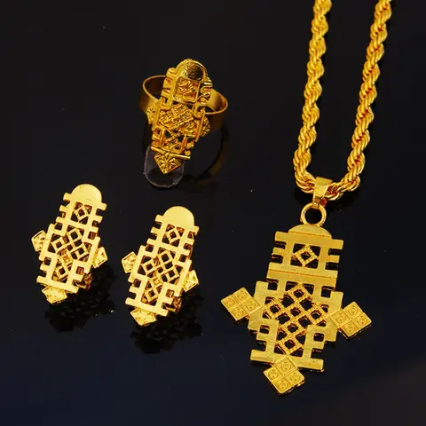 Three-Piece Jewelry Set, Necklace, Earrings, Ring, Cross Pendant, Luxurious Middle Eastern Design, Elegant Bride Gift, Bride Jewelry Set For Wedding Day, Bridal Wedding Jewelry, Wedding Jewelry Sets For Brides, All Seasons, Statement Ring Set