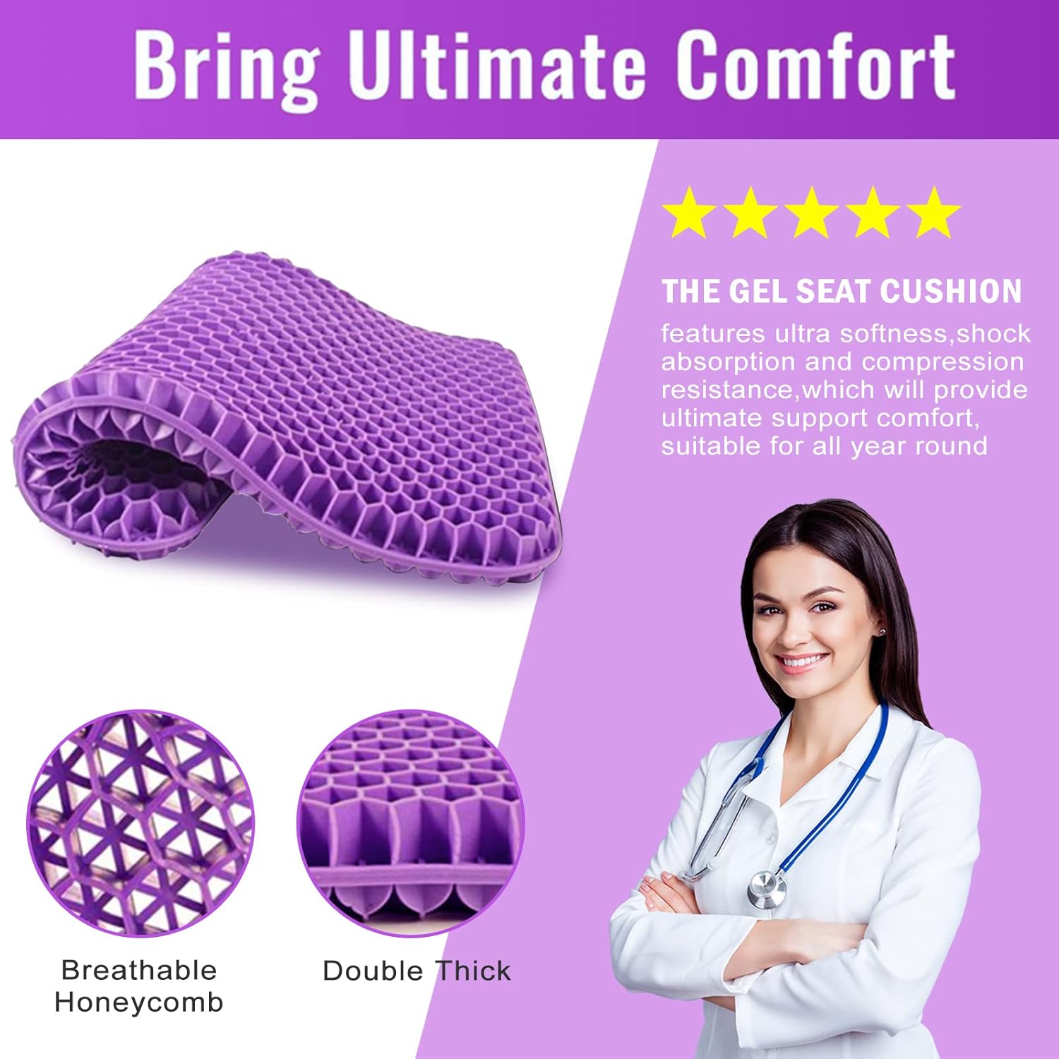 Gel Seat Cushion for Long Sitting - Double Thick Honeycomb Design, 16.5x14x1.5inch, Non-Slip Cover, Sciatica Pain Relief, Office Chair, Car, Wheelchair, Travel, Machine-Washable, Ergonomic, Cool & Comfortable Gel Seat Cushion for Long Sitting - Double Thick Honeycomb Design, 16.5x14x1.5inch, Non-Slip Cover, Sciatica Pain Relief, Office Chair, Car, Wheelchair, Travel, Machine-Washable, Ergonomic, Cool & Comfortable