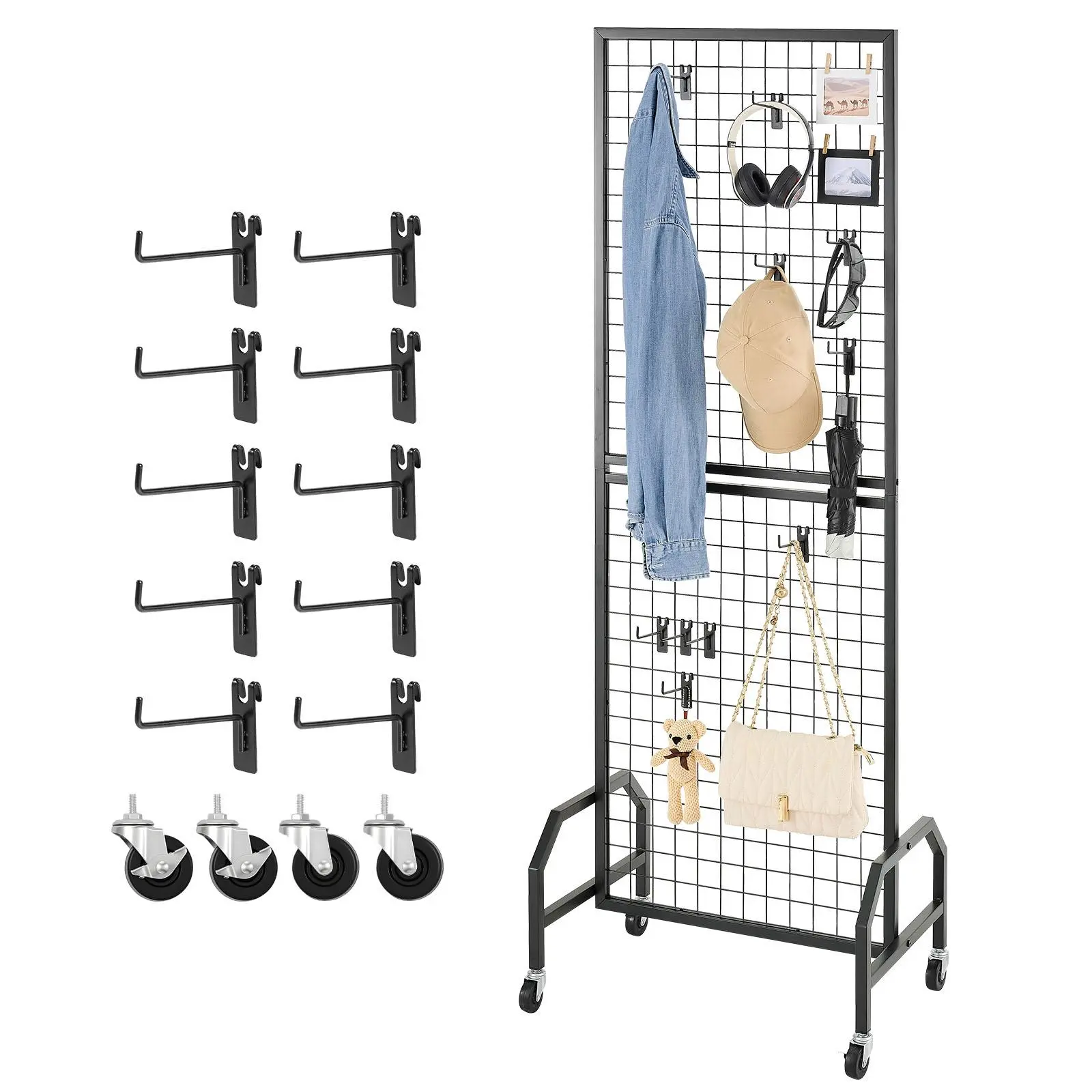 VEVOR Decorative Black Carbon Steel Grid Wall Panel (1.9x5.4 ft) - Movable Freestanding Organiser, Furniture Storage Rack with Rubber Transport Wheels, 10 Hooks, Easy Installation for Rectangle Room Craft Shows