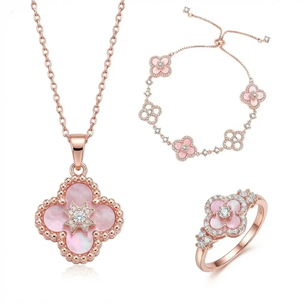 Women's 3-Piece Whimsical Shimmering Metallic Fashion Jewelry Set - 4-Leaf Clover Necklace, Ring, Bracelets Set, Ideal Gift for Mom or Girlfriend, Metallic Jewelry Sets