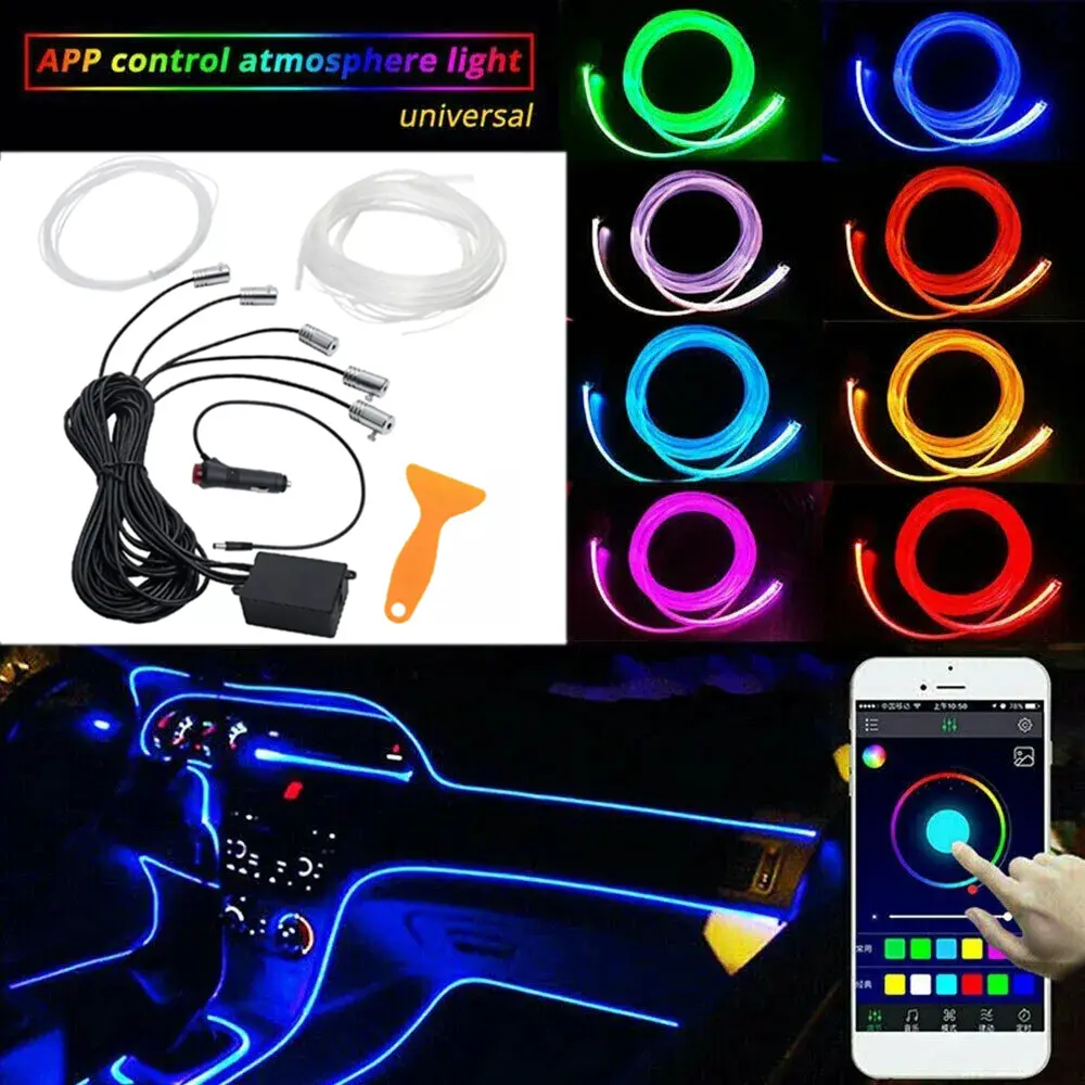RGB Wireless Color Changing LED Strip Lights - 12V Car Interior Atmosphere Light Kit with Music Sync, APP Control, Fiber Optic Cable, Adjustable Color Temperature for Vehicle Decoration