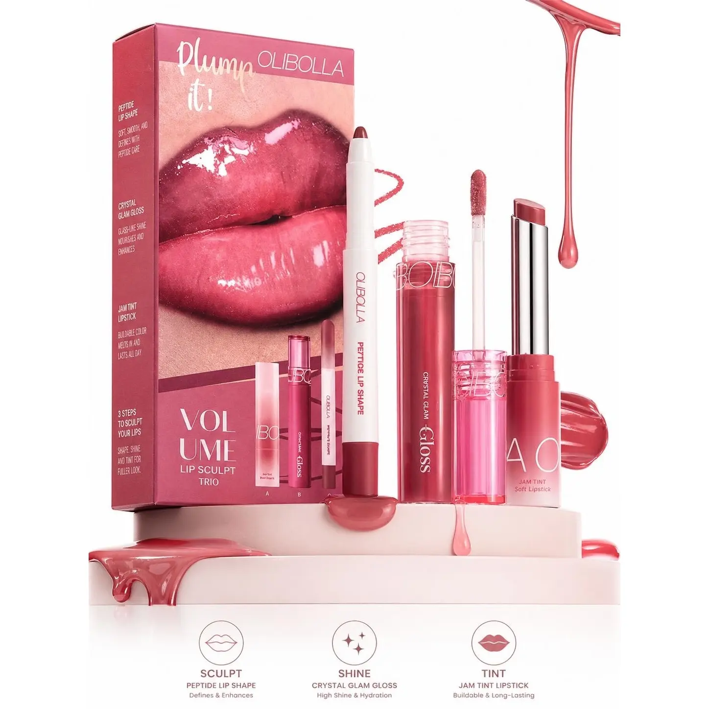 OLIBOLLA Volume Lip Sculpt Trio, 3-Piece Plumping Lip Kit with Peptide Liner, Lipstick & Gloss, Waterproof & Long Lasting High Pigmentation, Transfer Proof Nude Brown Makeup, Mirror