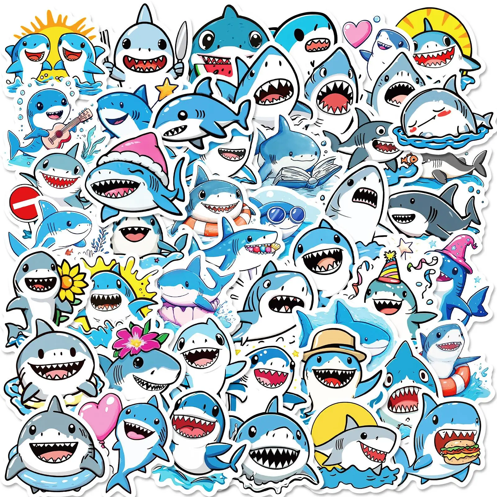 Cartoon Shark Pattern Sticker, 50pcs/set Cute Self Adhesive Decorative Stickers, DIY Decals for Water Bottle, Laptop, Cellphone, Phone Case, Protector