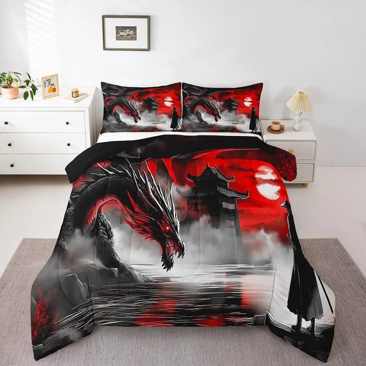 Japanese Samurai Bedding Set,Red and Black Dragon Comforter Set Men,Anime Style Quilt Bed Set Oriental Bedding Comforter Sets Bedroom Decor