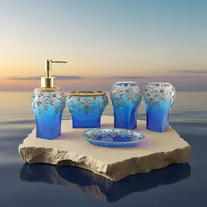 Five Piece Blue and Bronze Resin Bathroom Accessory Set with Soap Dispenser Toothbrush Holder and Soap Dish Gradient Design for Elegant Look