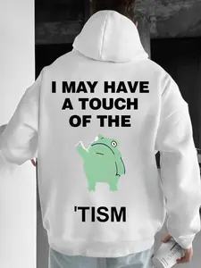 Men's Slogan & Frog Print Drawstring Fuzzy Hoodie, Loose Casual Comfy Fashion Long Sleeve Kangaroo Pocket Design Thermal Lined Hooded Sweatshirt for Daily Holiday Outdoor Wear, Men Clothes for Fall & Winter