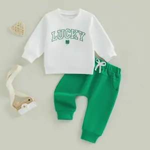 Babamoon Toddler Baby Boys Irish Day Outfits Long Sleeve O Neck Lucky Clover Embroidery Tops Sweatshirt Drawstring Pants Clothing Sets
