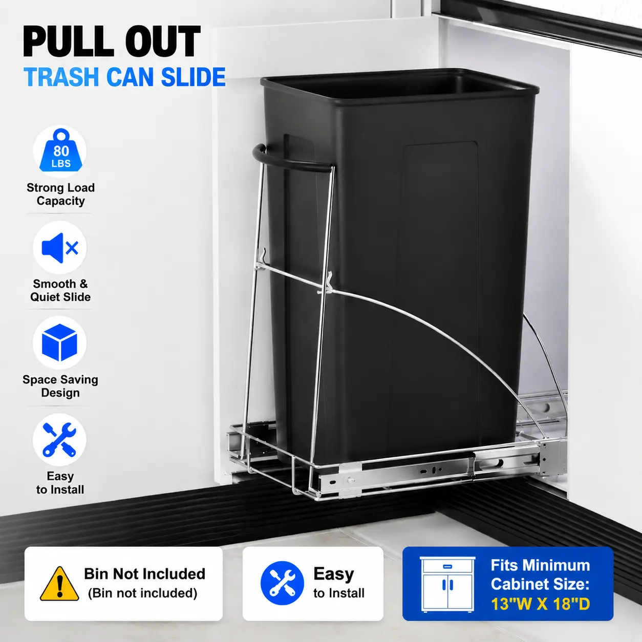 Under-Cabinet Pull Out Trash Can Slide Kit (Bin Not Included) - Smooth Carbon Steel, Silicone Grip, Rust-Proof Home Goods, 35L High Capacity Waste & Recycling, Fits 13" W x 18" D Under-Sink/Pantry, Large Storage Waste & Recycling Solution, Trash Storage C