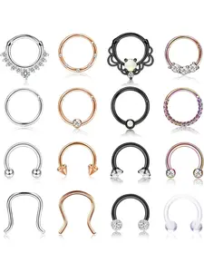 16G Nasal Septum Piercing Stainless Steel Nose Rings Hinged Nose Rings Metal Rings CZ Opal Ear Cartilage Auricle Earlobe Helix Nasal Septum Piercing Jewellery 16-Piece Set