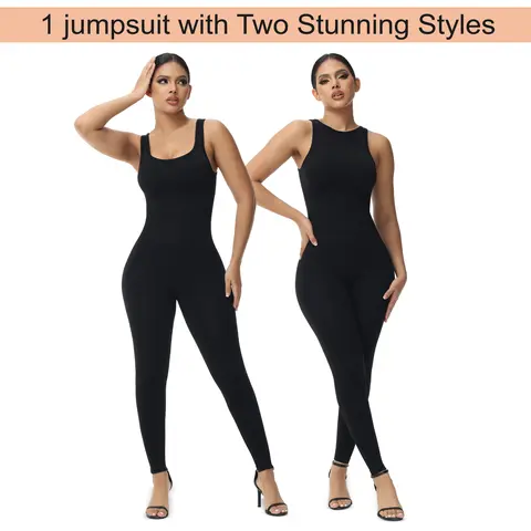 Soo Slick Women's Black Sleeveless Spandex-Nylon Sports Jumpsuit - High/Square Reversible Neck, 1-Pc Slim-Fitting, Cold Wash Only, Casual Fall Outdoor Casual Basic Jumpsuit
