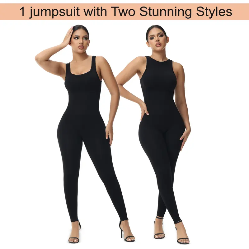 Soo Slick Women's Black Sleeveless Spandex-Nylon Sports Jumpsuit - High/Square Reversible Neck, 1-Pc Slim-Fitting, Cold Wash Only, Casual Fall Outdoor Casual Basic Jumpsuit