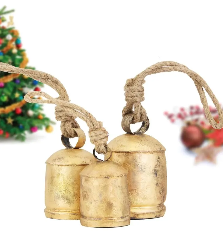 Vintage Rustic Cow Bell Christmas Bell Set - Shabby Chic Holiday Decor - Set of 3 Bells in Various Sizes- Create a Festive Ambiance and Invite Good Luck. (Medium (3.5" 4.5" 6.5" H)