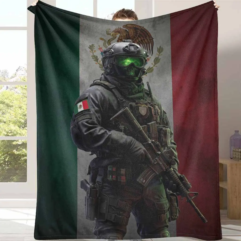 Tactical Soldier Flannel Throw Blanket - Anti-Pill Flannel Fabric, Military Skull Mask & Mexican Flag Print, Wrinkle Resistant, Soft Warm Durable Lightweight, Multi-Size (50*60in Teens, 60*80in Adults), Patriotic Home/Sofa Decor Gift, Indoor/Outdoor Use,