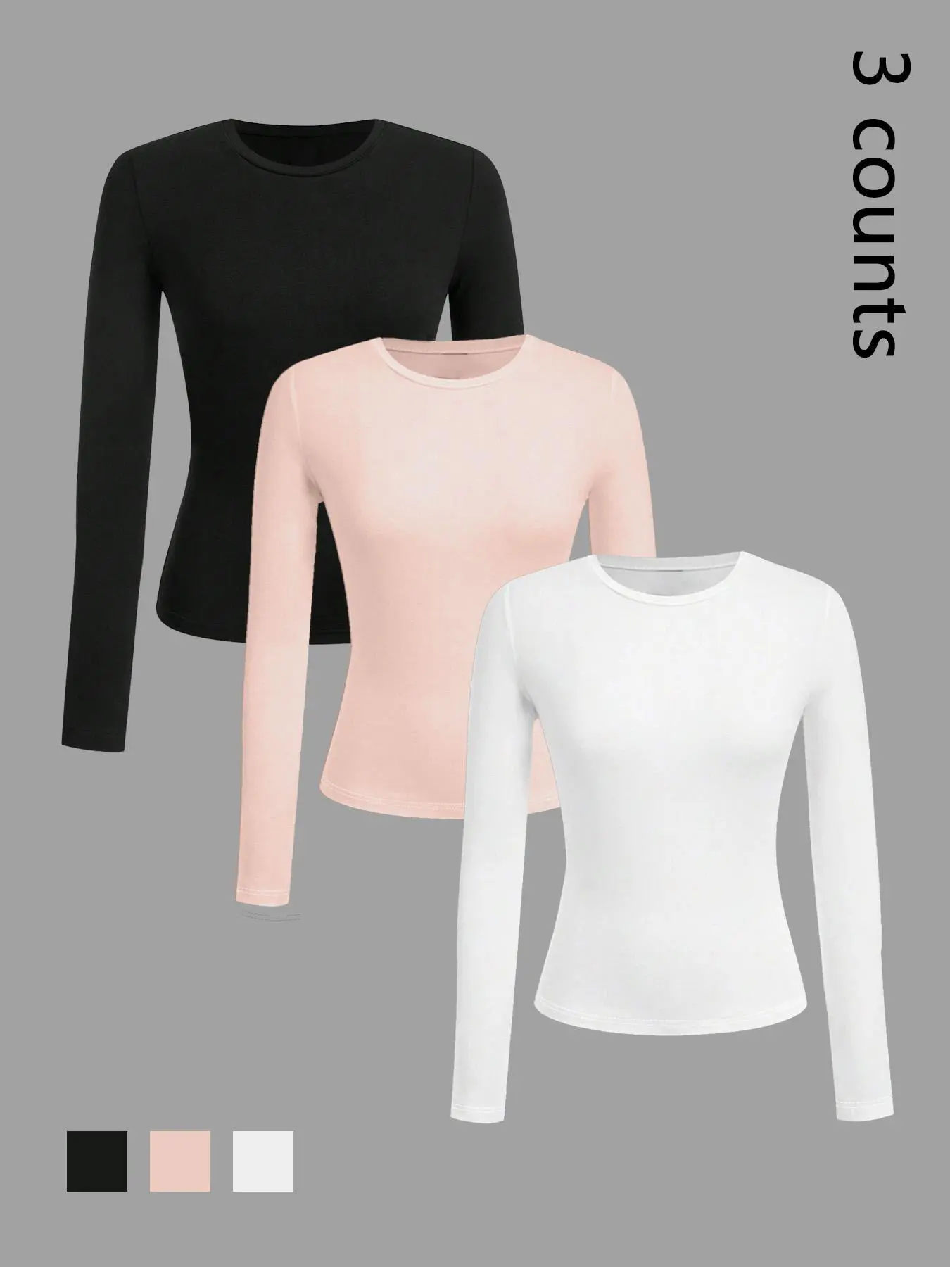 3-Pack Slim-Fit Long-Sleeve Tees | Black/Pink/White Basic, Fitted Casual Tops – TikTok Viral Layering Essentials! Soft Stretchy Elastic Fabric, Crew Neck, Versatile for #OOTD Perfect for Everyday Wear, Under Jackets or Alone. Wardrobe Staples