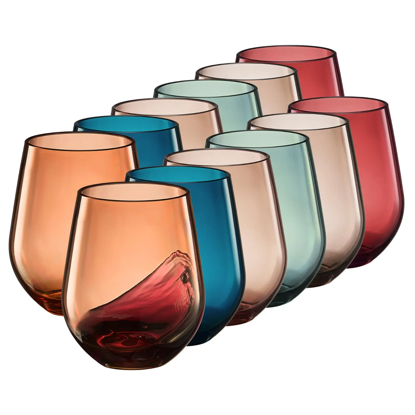 Khen European Style Shatterproof Tritan Stemless Wine Glasses, Acrylic Glass Drinkware, Unbreakable Colored, 12- Set - BPA-free plastic, Reusable, Dishwasher Safe, All Purpose Glassware 15oz - (Muted)