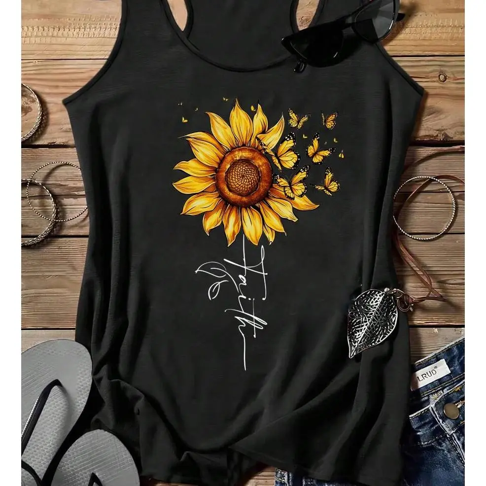 Women's Preppy Sunflower Graphic Tank Top - Stretchy Cotton-Elastane Fabric, Racerback, Unisex Cut, Soft Korean Retro Sporty Chic, Lightweight Athletic Sleeveless Women's Tops for Summer Fitness, Casual Use (Avoid Direct Contact with Print)