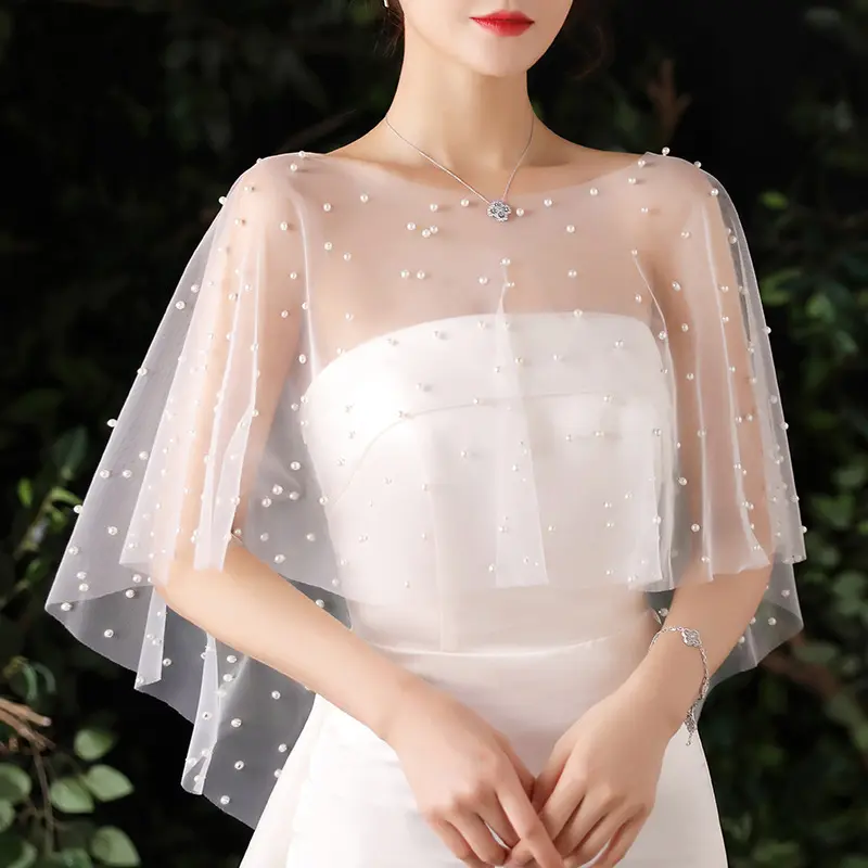 Sheer Pearl Tulle Bridal Cape, White Handmade Pearl Beaded Wedding Shawl, Elegant Transparent Capelet for Bridal Gowns, Photoshoots and Registry Ceremonies