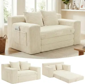Boneless Couch,Boneless Loveseat Sleeper Sofa Bed – 3-in-1 Convertible Couch Bed with Side Pockets & Handle,Pull Out Corduroy Futon for Small Space,2 Pillows Included,Living Room & Bedroom,No Assembly