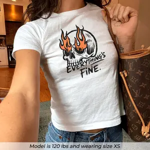 Everything Is Fine Baby Tee Funny Skeleton Graphic Tee Fire Meme Shirt Dark Humor Y2k Top Emo Punk Crop Tee Sarcastic Baby T-shirt
