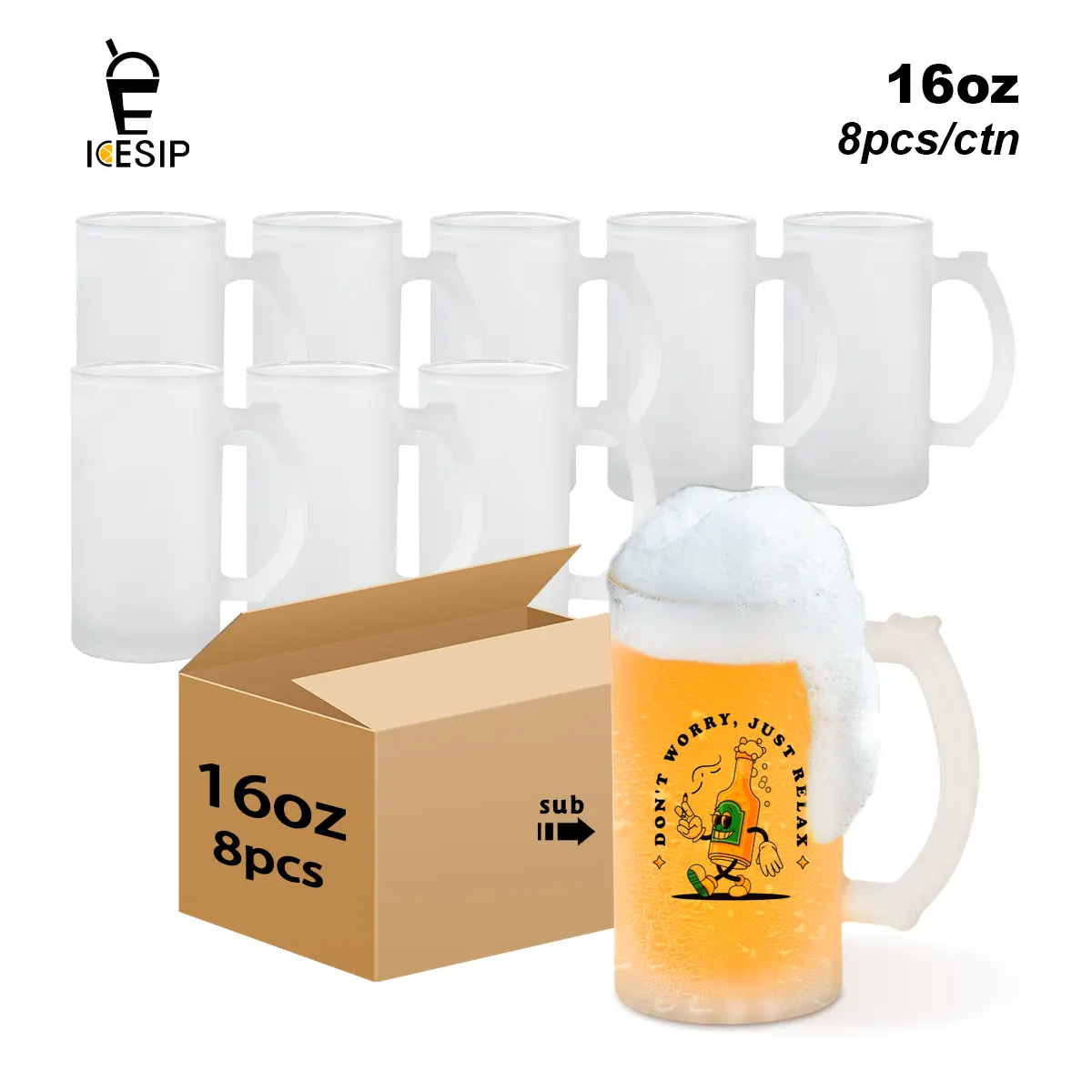ICESIP 8pcs/ctn 16 oz Sublimation Matte Beer Glass Drinking Cup Tumblers, Custom DIY Drinkware for Sports Events, Father's Day Housewarming Gifts