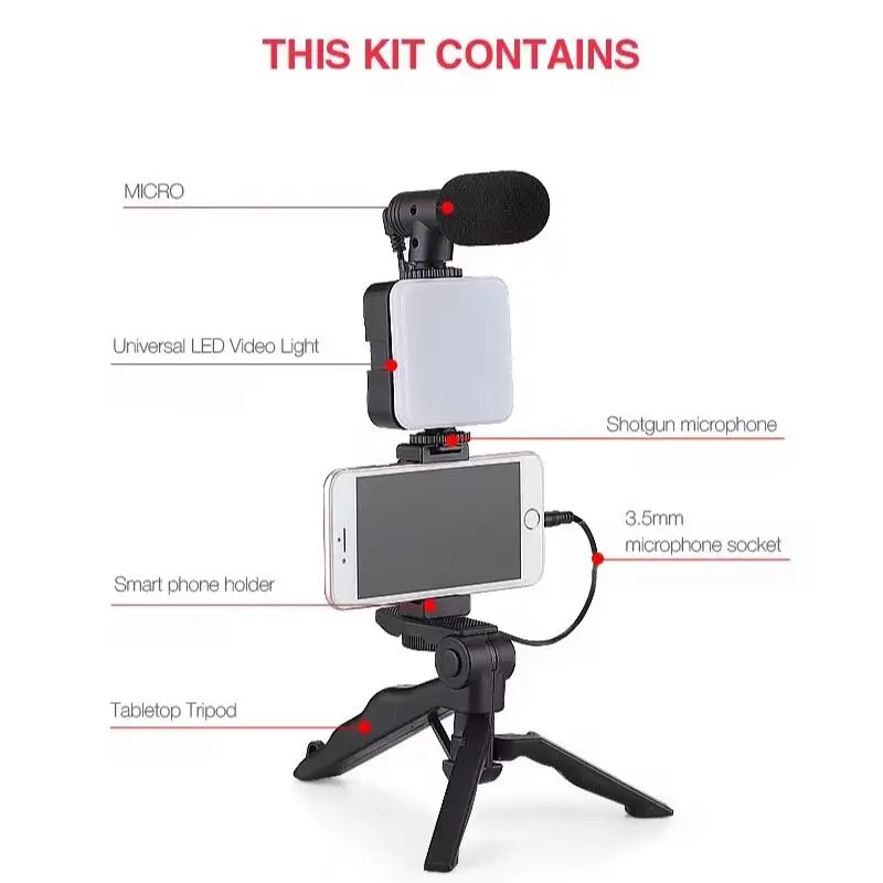 Smartphone Vlogging Kit, Handheld Phone Tripod with Microphone & LED Fill Light, Microphone Set, Phone Video Recording Kit for Live Streaming, Vlogging Kit, Live Broadcast Equipment