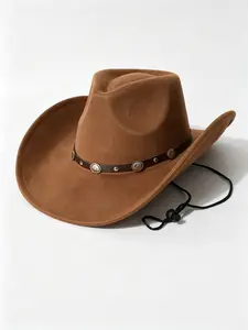 Western Cowboy Hat for Men and Women, Adjustable Windproof Rope, Vintage Metal Badge, Wide Brim, Casual Outdoor Fashion Accessory