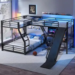 [Bellemave]L-Shaped  Bunk Bed with Twin Size Loft Bed, Metal Triple Bunk Bed with Slide and USB Ports, Space-saving and Noise-free Design, Black
