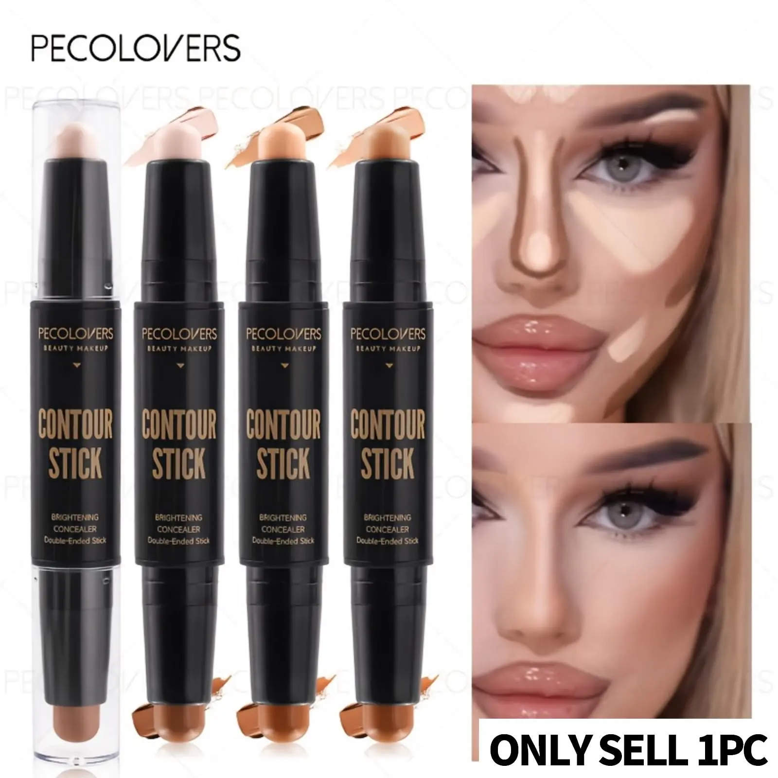 1PC 2-In-1 Double-Ended Contour Stick, Facial Contouring Makeup, Bronzer Highlighter, For Highlighting And Concealing, Suitable For Face Makeup And Bronzing, Ctivated Full Coverage Concealer - Long-Lasting, Hides Freckles, Natural Finish